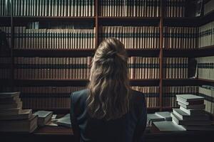 costas Visão do jovem mulher sentado dentro biblioteca e olhando às estante, uma fêmea advogado sentado com confiança imerso dentro legal trabalhar, ai gerado foto