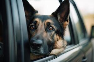 alemão pastor cachorro olhando Fora do carro janela. foco em olhos. alemão pastor cachorro olhando Fora do uma carro janela, ai gerado foto