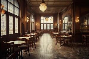 interior do uma cafeteria. 3d Renderização. vintage estilo. uma grande estilo francês restaurante interior Visão sem clientes, ai gerado foto