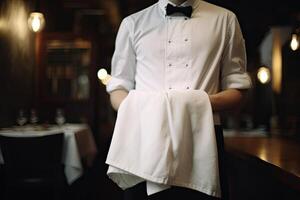 garçom com uma branco camisa e arco gravata dentro uma restaurante. uma masculino servidor vestindo uma servidor uniforme e segurando uma toalha, ai gerado foto