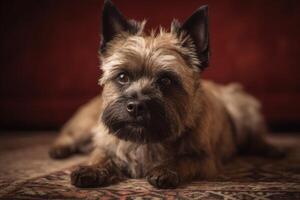 monte de pedras terrier cachorro deitado em a tapete, estúdio tiro ai gerado foto