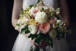 Casamento ramalhete dentro a mãos do a noiva. Casamento dentro Montenegro, noiva segurando uma lindo Casamento ramalhete fechar para dela peito, ai gerado foto