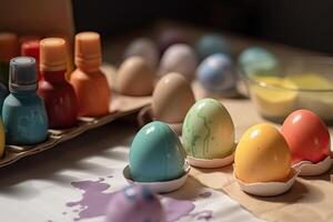 Páscoa ovos estão pintado dentro diferente cores em uma de madeira mesa. seletivo foco. ai gerado. foto