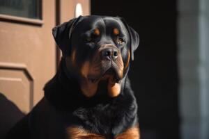 retrato do uma rottweiler cachorro em uma Preto fundo ai gerado foto