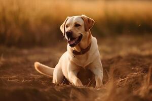 labrador retriever cachorro corrida dentro a campo às pôr do sol. amarelo labrador retriever filhote de cachorro. ai gerado foto