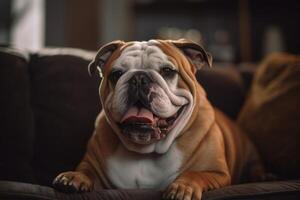 Inglês buldogue sentado em sofá dentro vivo quarto às casa e olhando às Câmera ai gerado foto