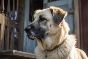 retrato do uma cachorro dentro uma fundo do a velho de madeira casa ai gerado foto