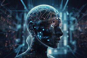 3d Renderização do artificial inteligência conceito com o circuito borda e humano cabeça, artificial inteligência levando sobre a mundo , ai gerado foto