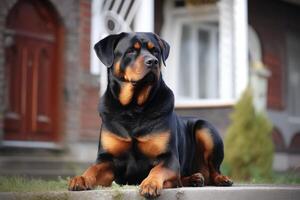 rottweiler cachorro dentro frente do uma casa. seletivo foco. ai gerado foto