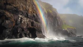 arco Iris cai sobre majestoso montanha faixa, spray espirrando litoral gerado de ai foto