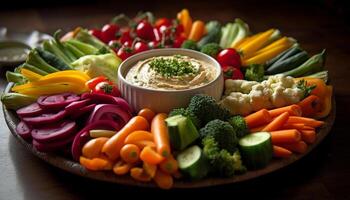 fresco vegetariano salada com saudável orgânico legumes em rústico madeira prato gerado de ai foto