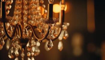 brilhando cristal lustre ilumina ornamentado, velho formado casa interior com elegância gerado de ai foto