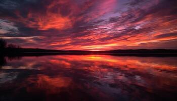 vibrante pôr do sol reflete em tranquilo água, majestoso montanha silhueta gerado de ai foto