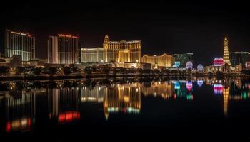 vida noturna ilumina moderno cassino Horizonte, refletindo multi colori paisagem urbana arquitetura gerado de ai foto