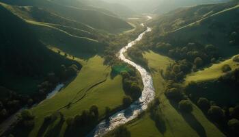 majestoso montanha faixa, verde Prado, tranquilo reflexão, beleza dentro natureza gerado de ai foto