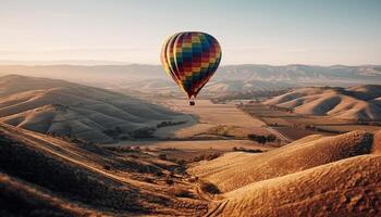 vôo Alto dentro uma multi colori quente ar balão aventura gerado de ai foto