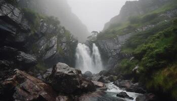 majestoso montanha faixa, tranquilo cena, fluindo água, verde grama, aventura espera gerado de ai foto