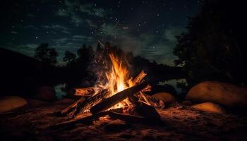 brilhando fogueira ilumina Sombrio floresta, perfeito para verão aventura refeições gerado de ai foto