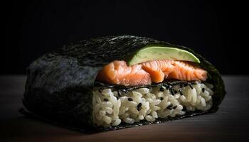 fresco Sushi prato com nigiri, Maki, e sashimi rolos gerado de ai foto
