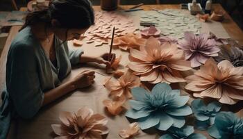 jovem mulher sorridente, segurando flor, criando arte em de madeira mesa gerado de ai foto