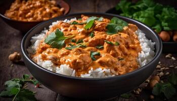 recentemente cozinhou gourmet refeição com saudável legumes e basmati arroz gerado de ai foto