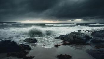 dramático céu sobre horizonte, ondas quebra em rochoso litoral gerado de ai foto