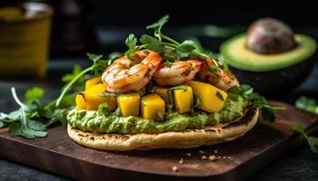 grelhado frutos do mar e abacate salada em rústico de madeira prato gerado de ai foto