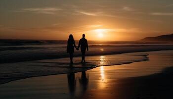 silhueta do casal segurando mãos, desfrutando pôr do sol em de praia período de férias gerado de ai foto