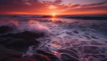 tranquilo cena pôr do sol sobre água, ondas quebra em pedras gerado de ai foto