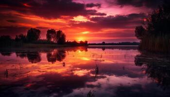 tranquilo pôr do sol sobre a vibrante litoral, uma beleza dentro natureza gerado de ai foto