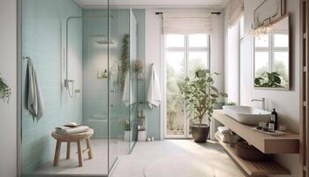 moderno elegância dentro doméstico banheiro com luxuoso banheira e chuveiro gerado de ai foto