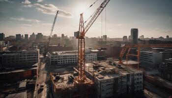 Alto subir construção maquinaria constrói moderno arranha-céu dentro financeiro distrito gerado de ai foto