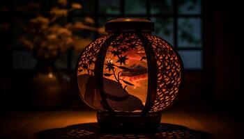 brilhando vela ilumina ornamentado lanterna em Antiguidade de madeira mesa gerado de ai foto