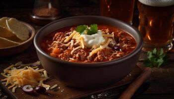 gourmet refeição em rústico mesa carne bovina, vegetal, e tomate sopa gerado de ai foto