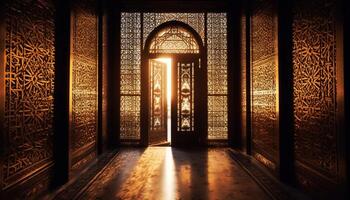 antigo mesquita iluminado às noite com ornamentado árabe arquitetura gerado de ai foto