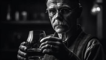 solitário Senior homem segurando copo de vinho dentro Sombrio Barra às noite gerado de ai foto