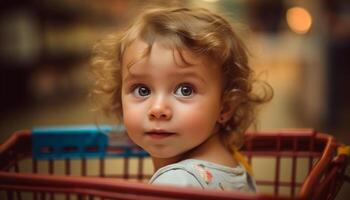 fofa bebê menina sentado em cadeira, segurando brinquedo, sorridente alegremente gerado de ai foto