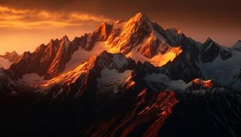 majestoso coberto de neve montanha pico às crepúsculo, uma tranquilo cena gerado de ai foto