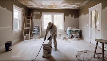 caucasiano artesão pintura casa interior com pintura pode e escada gerado de ai foto
