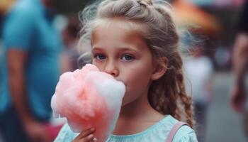 fofa pré escola menina desfrutando gelo creme ao ar livre com alegre sorrir gerado de ai foto