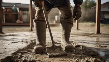 construção trabalhador escavação com pá em rural construção local ao ar livre gerado de ai foto