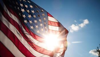 americano bandeira acenando dentro a vento, símbolo do patriotismo e liberdade gerado de ai foto