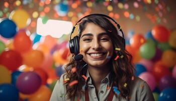 jovem mulher comemora aniversário com colorida balões e fones de ouvido gerado de ai foto