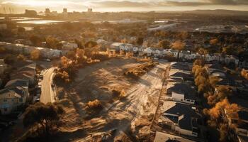 moderno cidade Horizonte às crepúsculo, acima natureza amarelo montanha gerado de ai foto