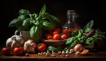 rústico vegetariano massa com fresco tomate, alho, e ervas gerado de ai foto