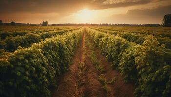 vibrante pôr do sol sobre orgânico fazenda, Prado crescimento dentro outono estação gerado de ai foto