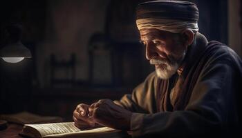 Senior homem lendo Bíblia, meditando em espiritualidade e religião gerado de ai foto