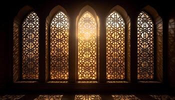 manchado vidro arcos iluminar antigo catedral ornamentado gótico arquitetura gerado de ai foto