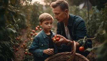 pai e filho colheita orgânico tomates alegremente generativo ai foto