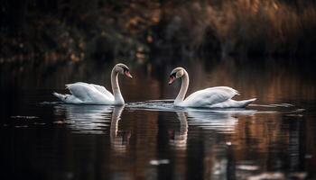 mudo cisnes graça tranquilo lagoa dentro pôr do sol generativo ai foto